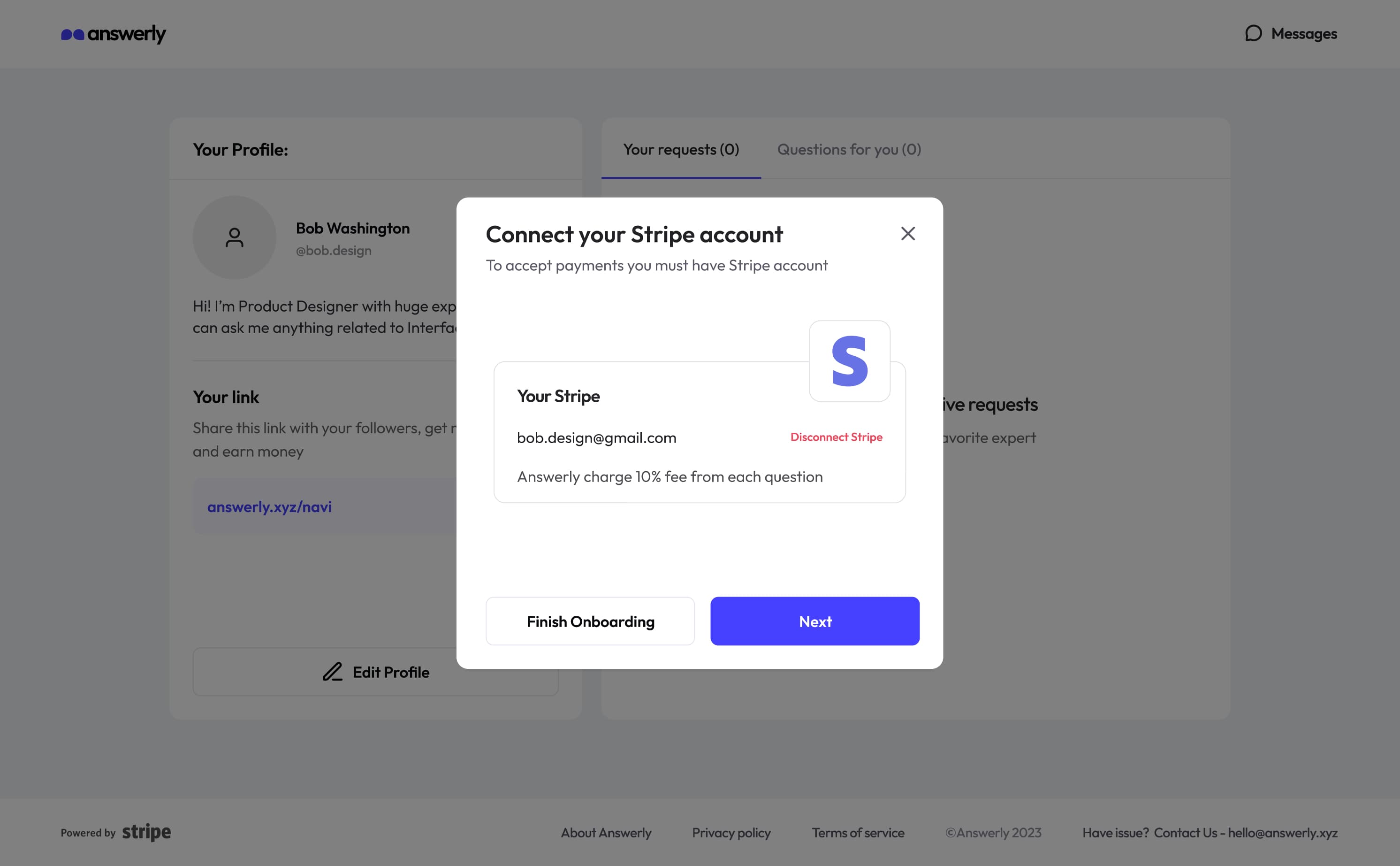 Answerly: Stripe Connect onboarding