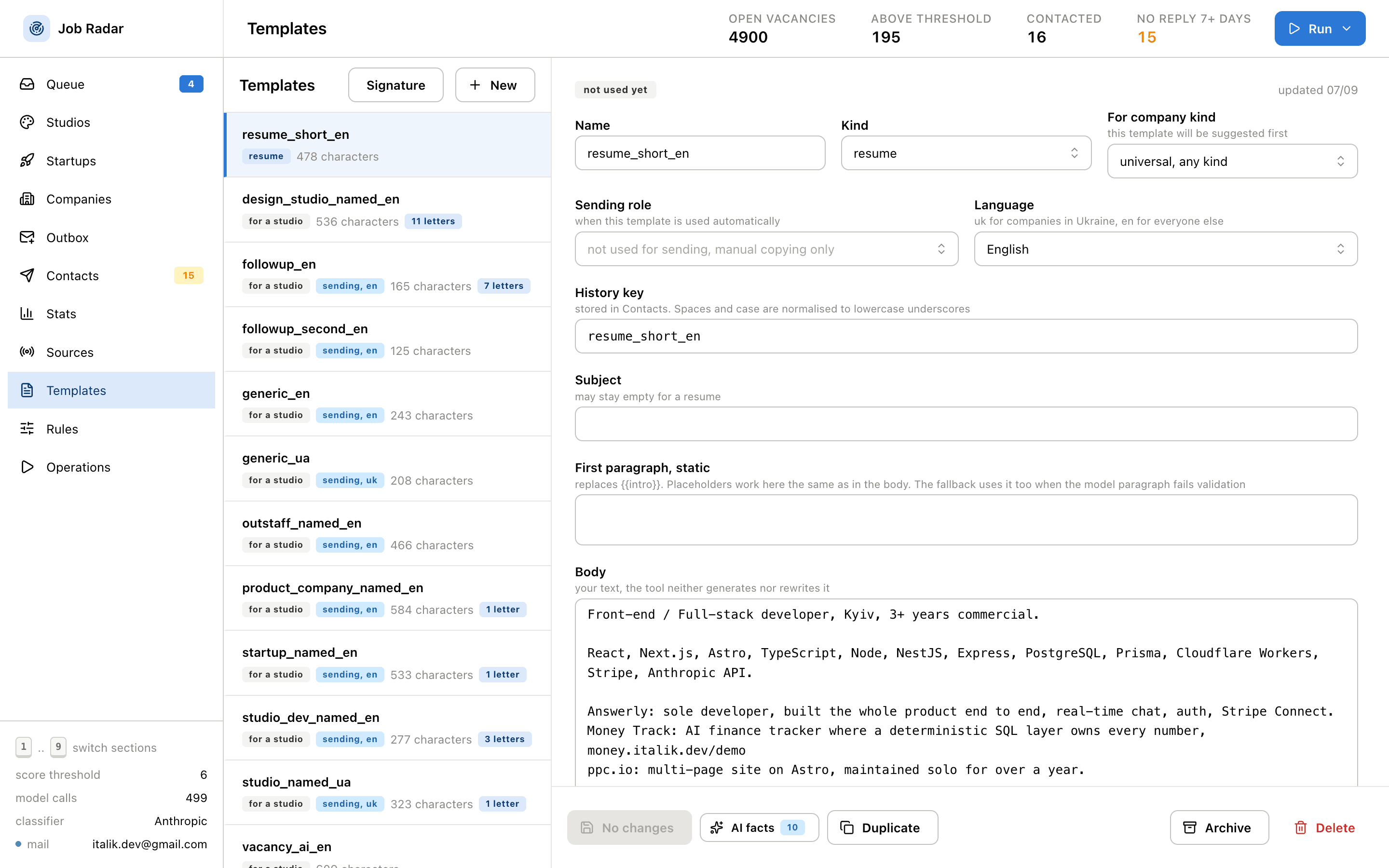 Job Radar: Templates